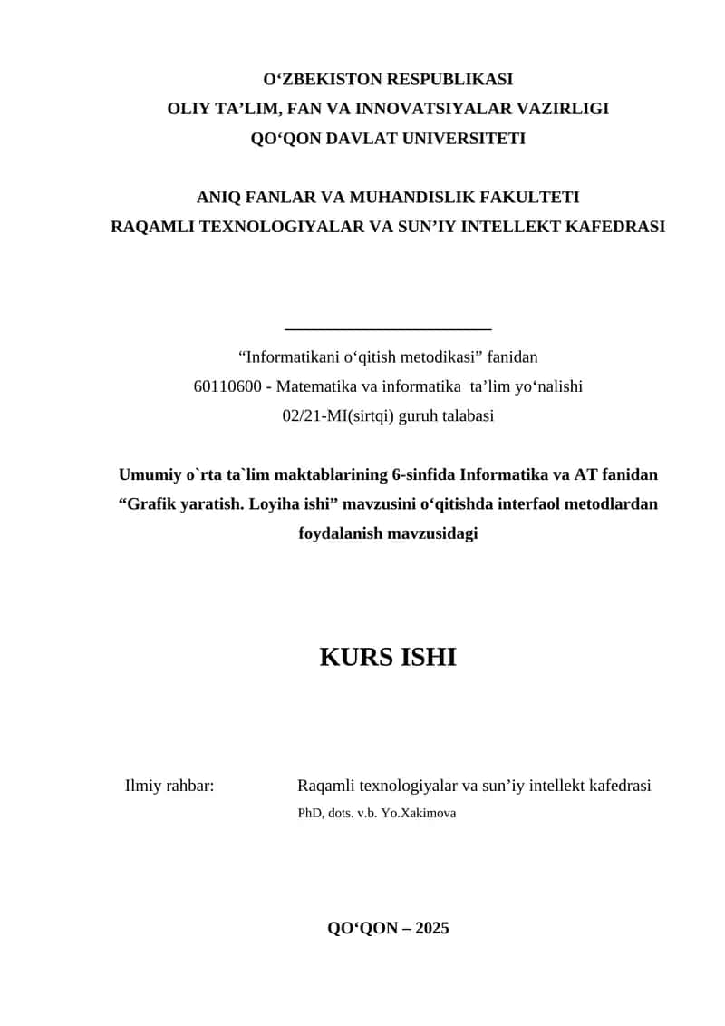 Umumiy o`rta ta`lim maktablarining 6-sinfida Informatika va AT fanidan “Grafik yaratish. Loyiha ishi” 1