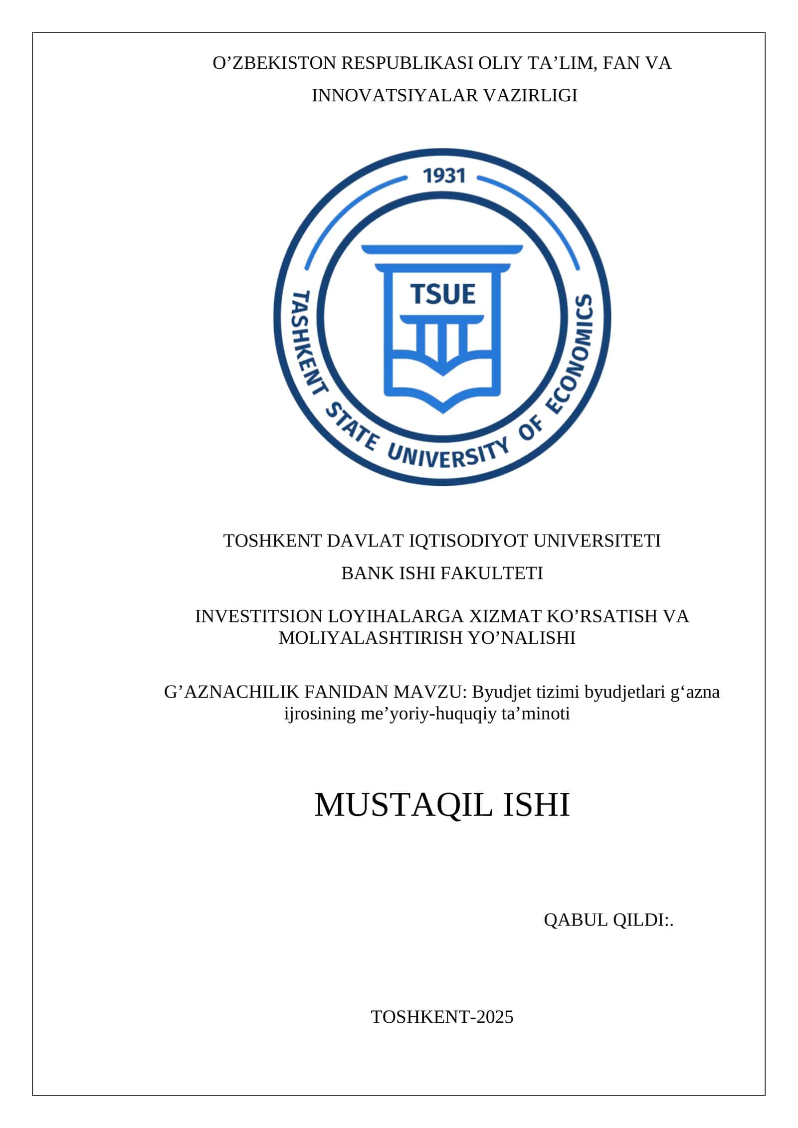 Byudjet tizimi byudjetlari g‘azna ijrosining me’yoriy-huquqiy ta’minoti 1
