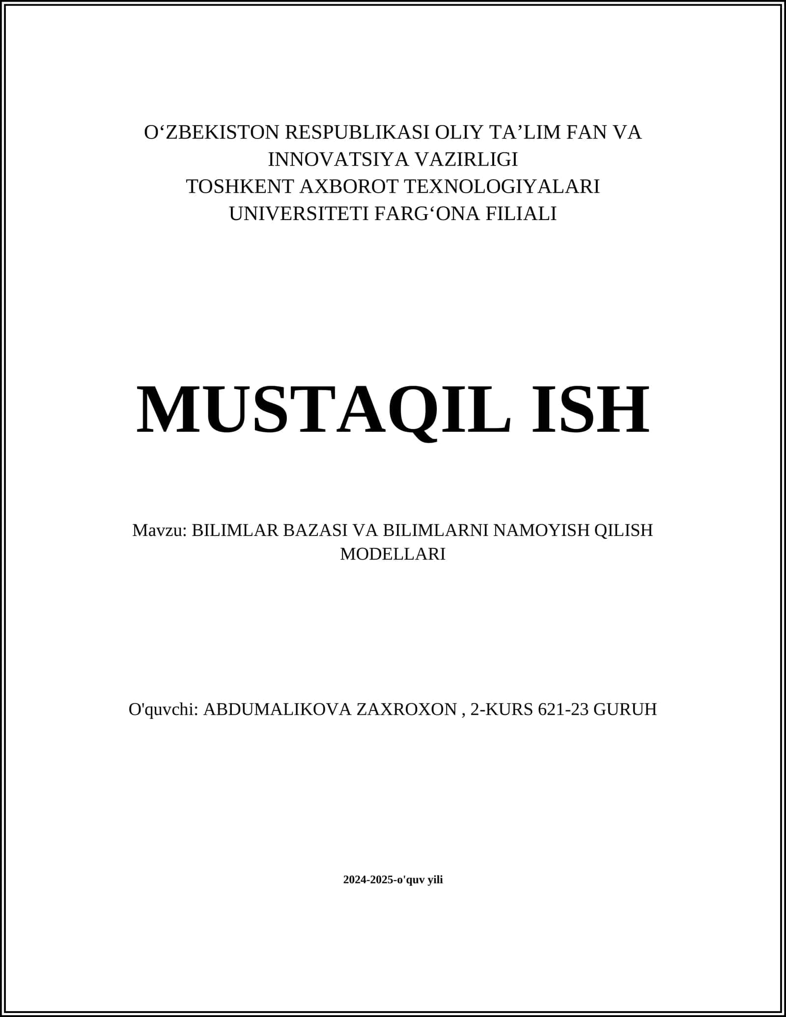 BILIMLAR BAZASI VA BILIMLARNI NAMOYISH QILISH MODELLARI 1