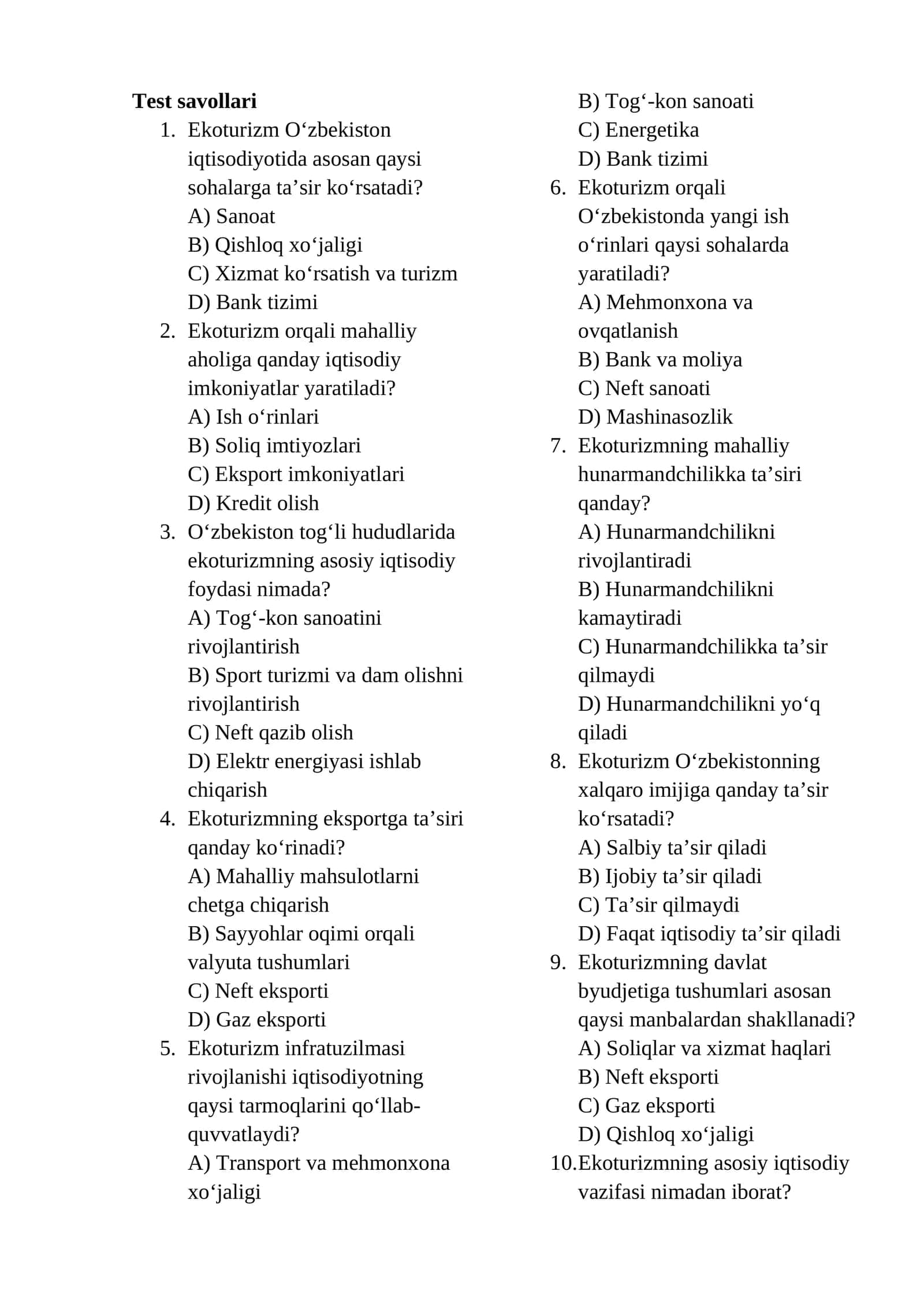 Ekoturizmning iqtisodiyotga ta'siri Test Savollari 1