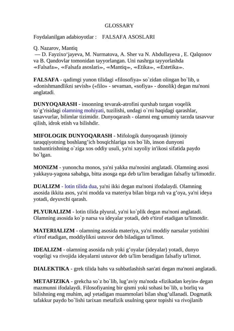 Foydalanilgan adabiyotlar: FALSAFA ASOSLARI 1