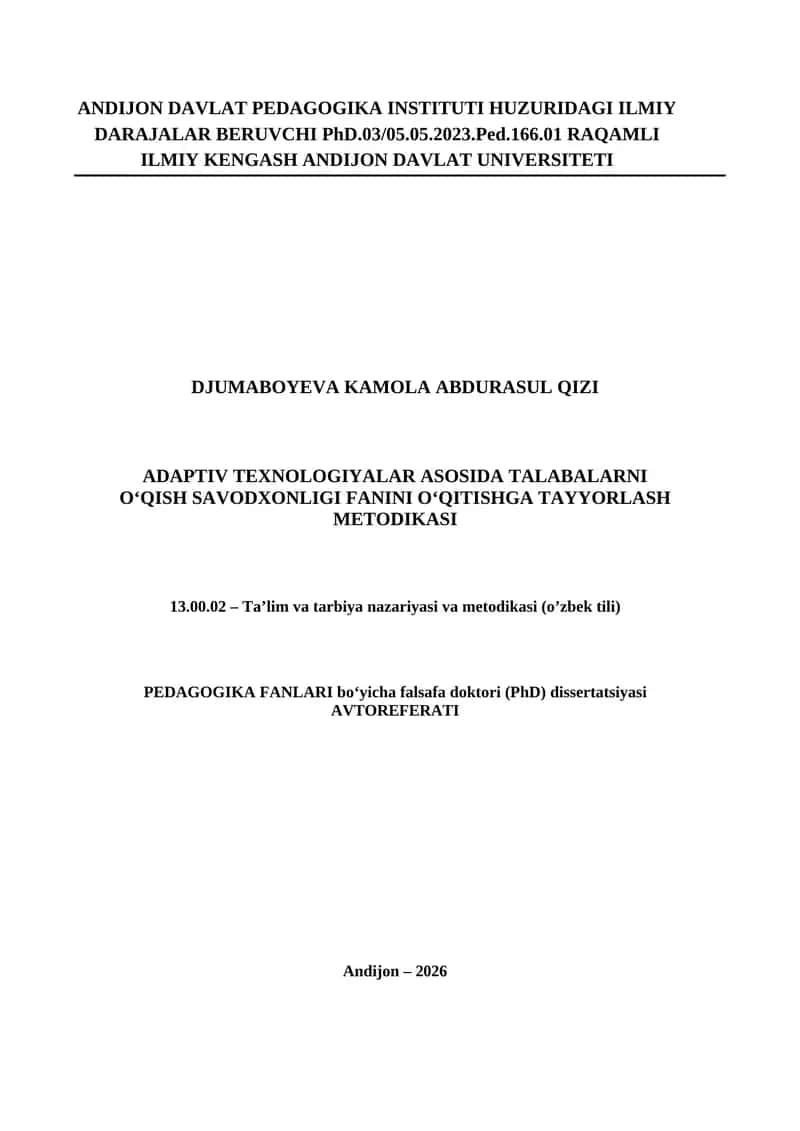 Adaptiv texnologiyalar asosida talabalarni o‘qish savodxonligi fanini o‘qitishga tayyorlash metodikasi 1