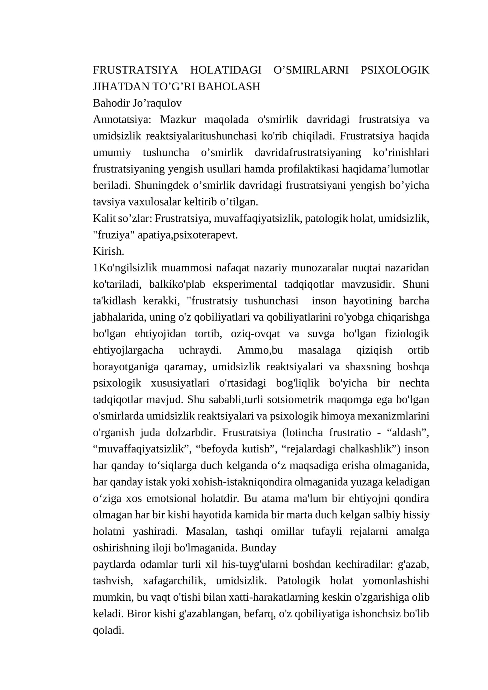 FRUSTRATSIYA HOLATIDAGI O’SMIRLARNI PSIXOLOGIK JIHATDAN TO’G’RI BAHOLASH 1