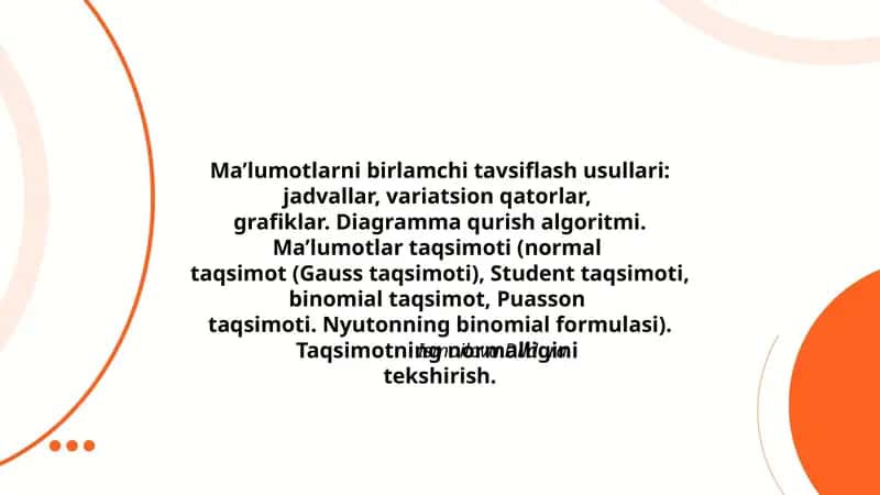 Ma'lumotlarni birlamchi tavsiflash usullari 1