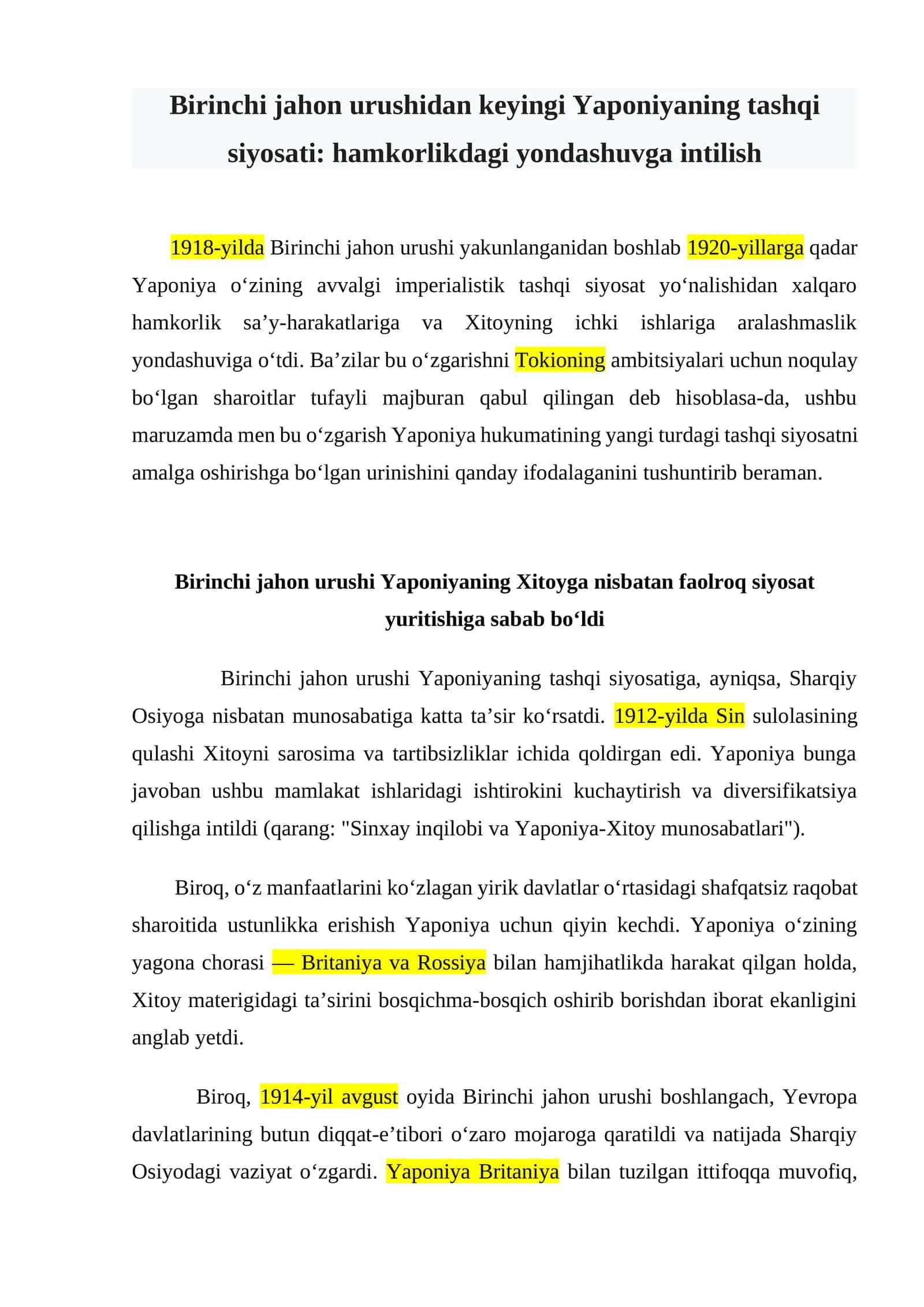 Birinchi jahon urushidan keyingi Yaponiyaning tashqi siyosati: hamkorlikdagi yondashuvga intilish 1