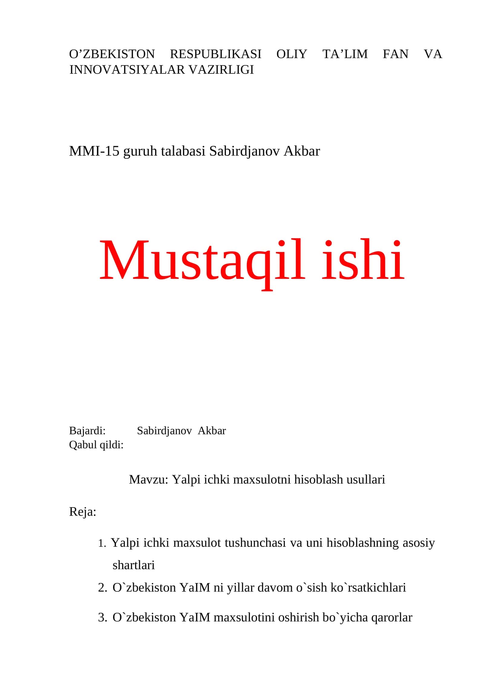Yalpi ichki maxsulotni hisoblash usullari 1