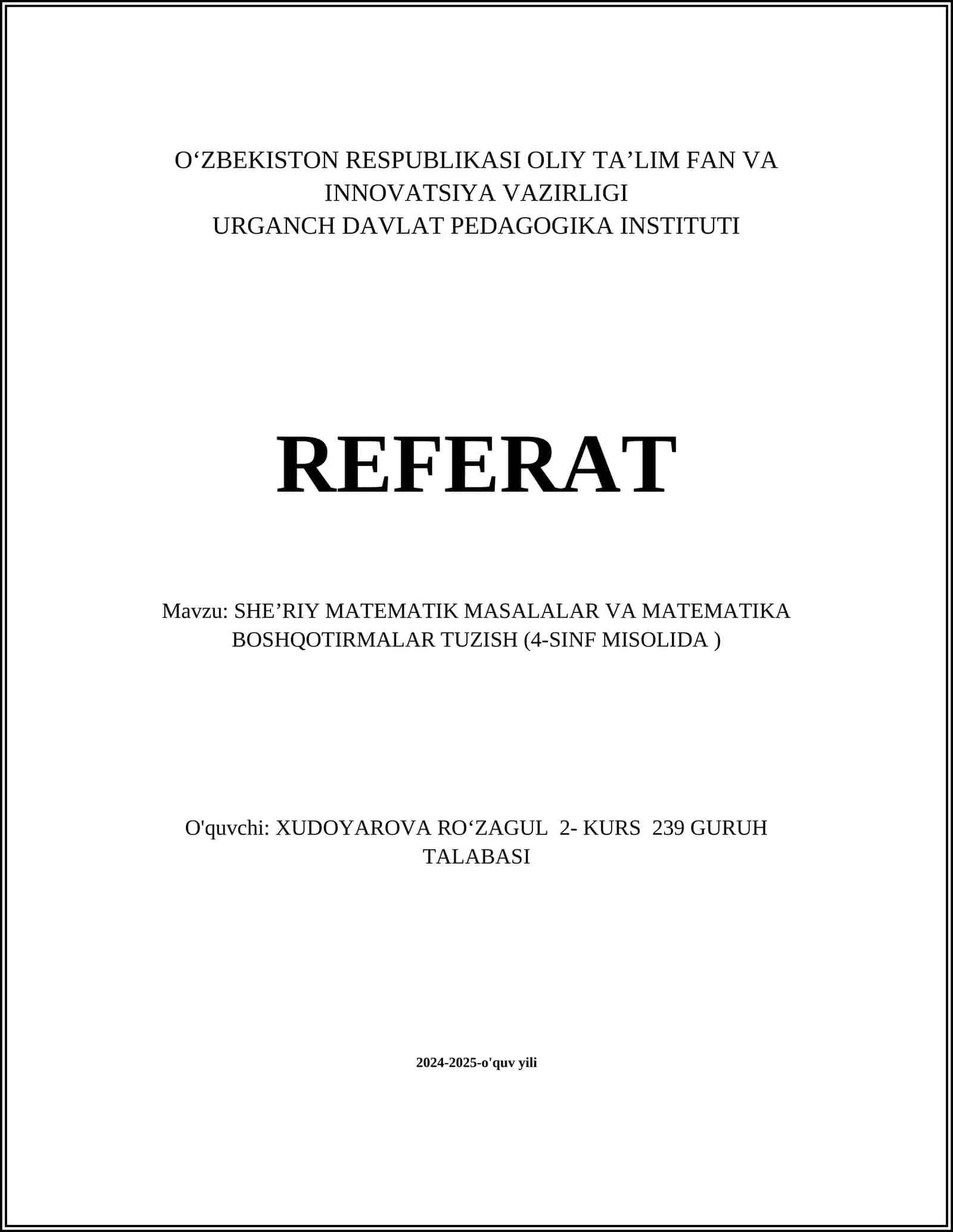 SHEʼRIY MATEMATIK MASALALAR VA MATEMATIKA BOSHQOTIRMALAR TUZISH (4-SINF MISOLIDA ) 1