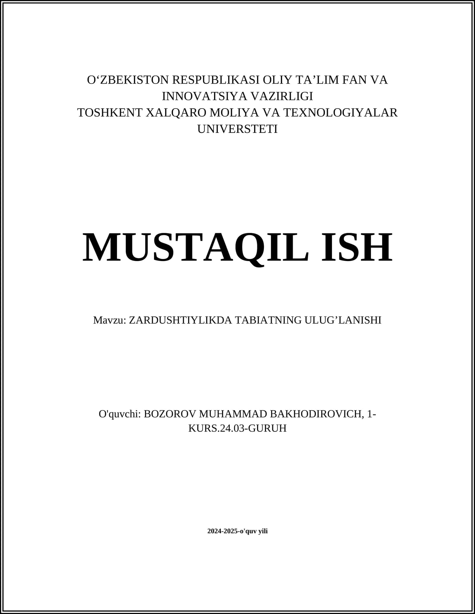 ZARDUSHTIYLIKDA TABIATNING ULUG’LANISHI 1