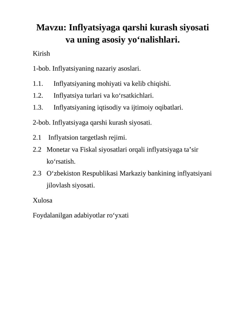 Inflyatsiyaga qarshi kurash siyosati va uning asosiy yo‘nalishlari 1
