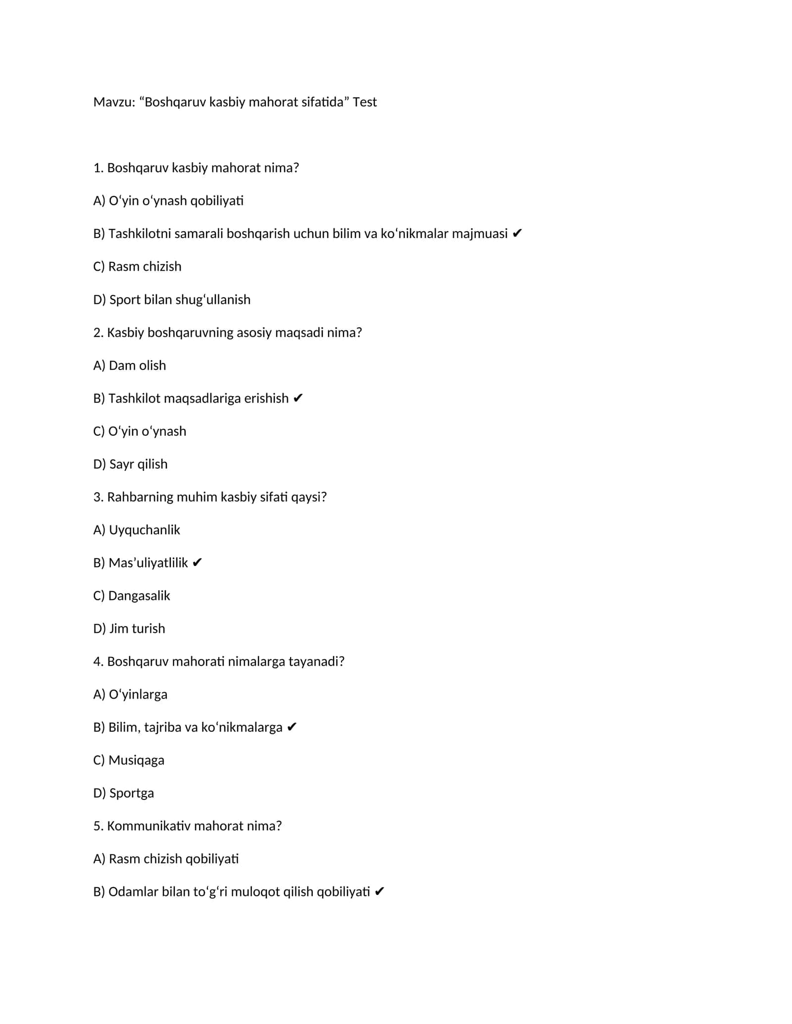 "Boshqaruv kasbiy mahorat sifatida” Test 1