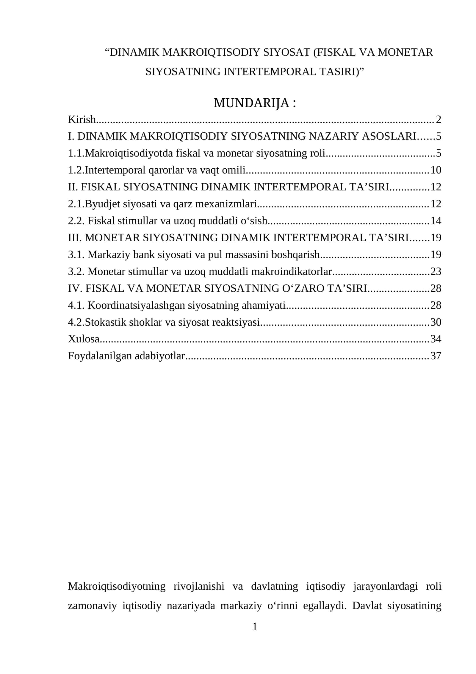 DINAMIK MAKROIQTISODIY SIYOSAT (FISKAL VA MONETAR SIYOSATNING INTERTEMPORAL TASIRI) 1
