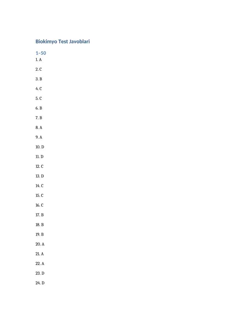 Biokimyo Test Javoblari 1