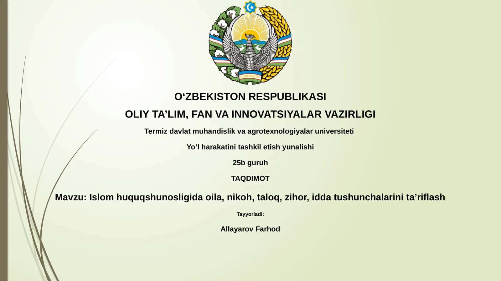 Islom huquqshunosligida oila, nikoh, taloq, zihor, idda tushunchalarini taʼriflash 1