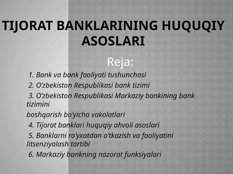 Tijorat banklarining huquqiy asoslari 1
