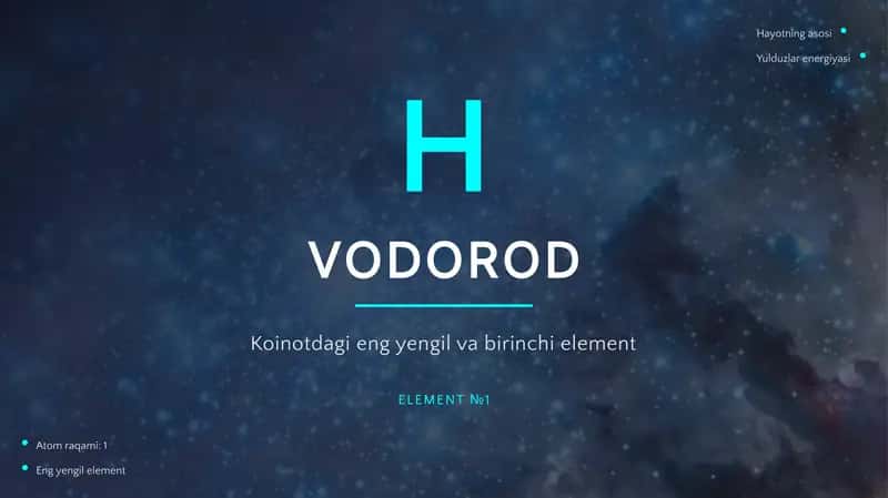 Vodorod - ya'ni Mendeleyev jadvalidagi birinchi kimyoviy modda haqidagi taqdimot. 1