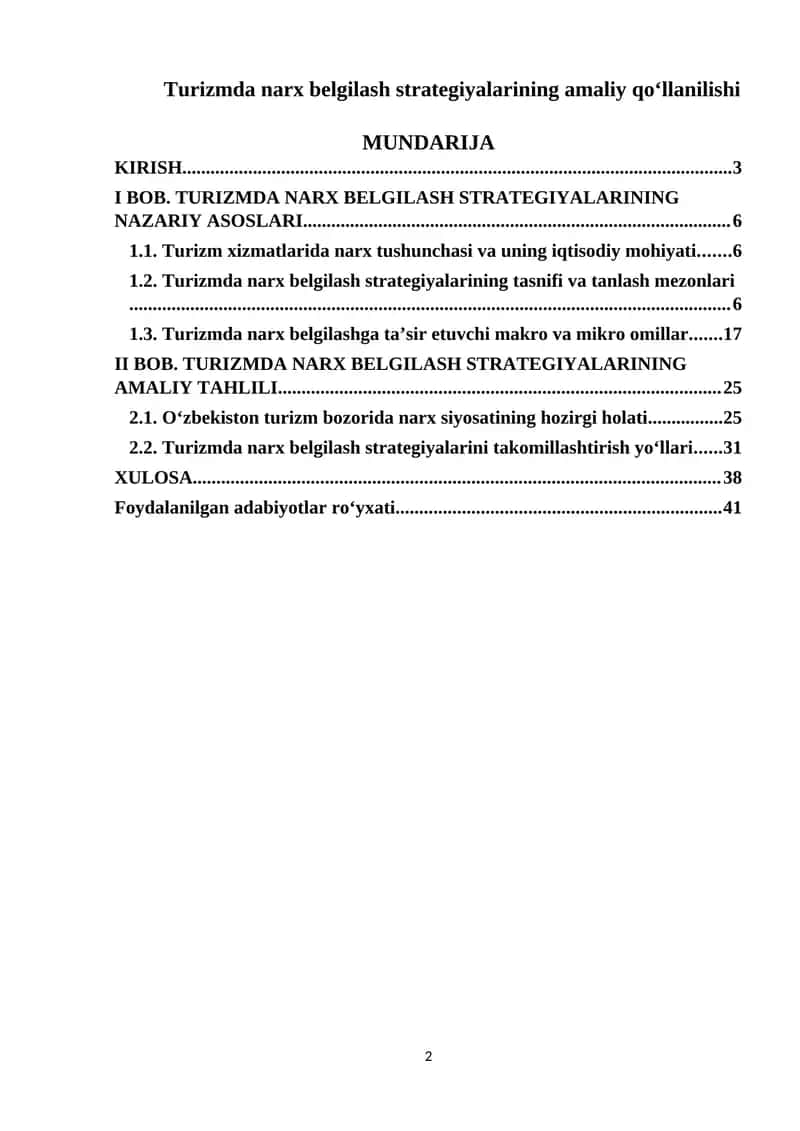 Turizmda narx belgilash strategiyalarining amaliy qo‘llanilishi 1
