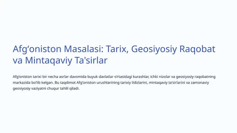 Afgʻoniston Masalasi: Tarix, Geosiyosiy Raqobat va Mintaqaviy Ta'sirlar 1
