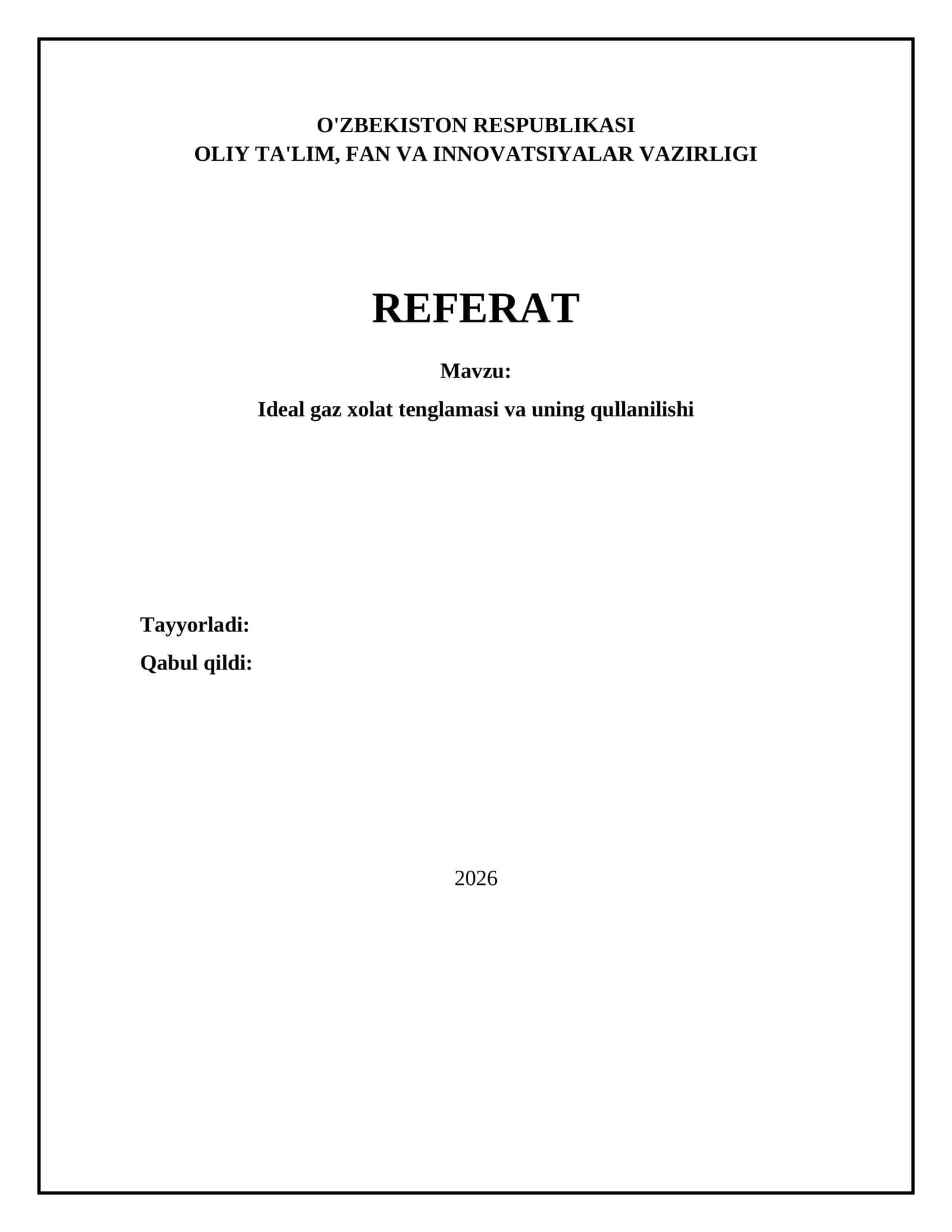 Ideal gaz xolat tenglamasi va uning qullanilishi 1