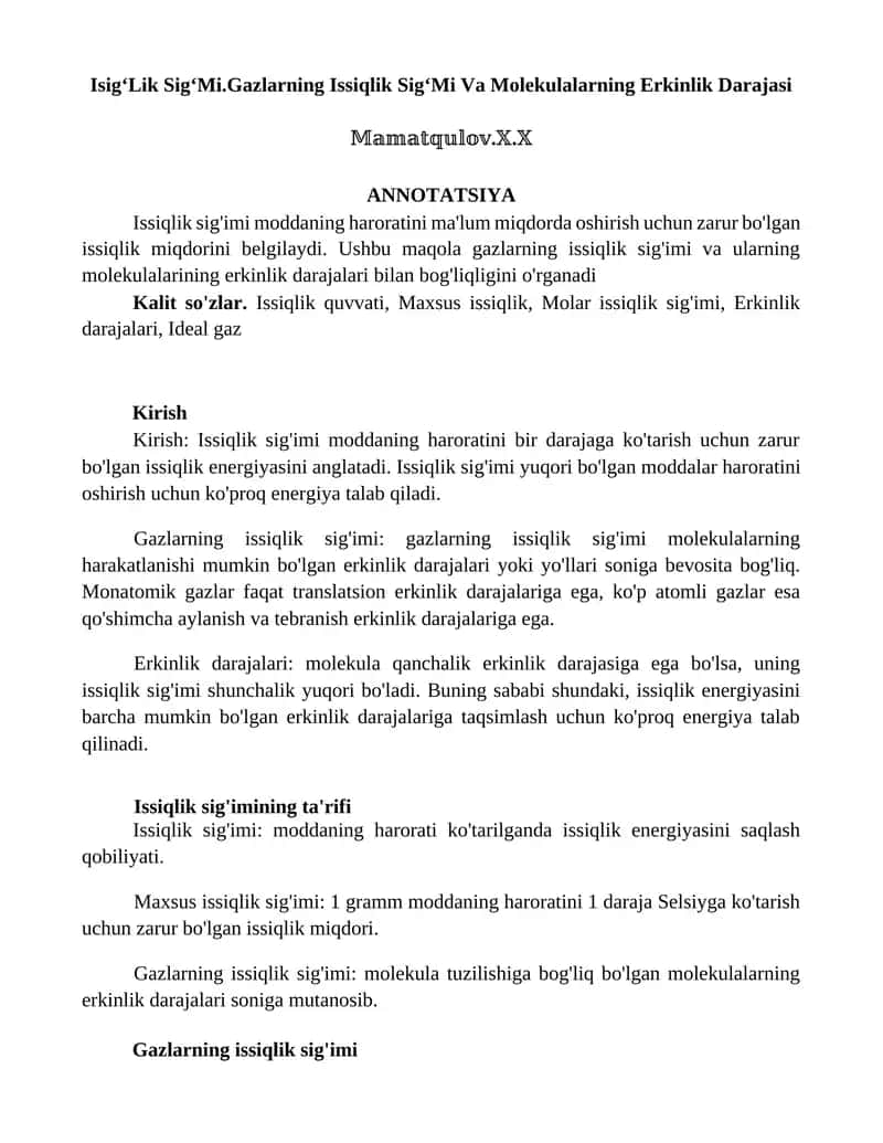 IsigʻLik SigʻMi.Gazlarning Issiqlik SigʻMi Va Molekulalarning Erkinlik Darajasi 1