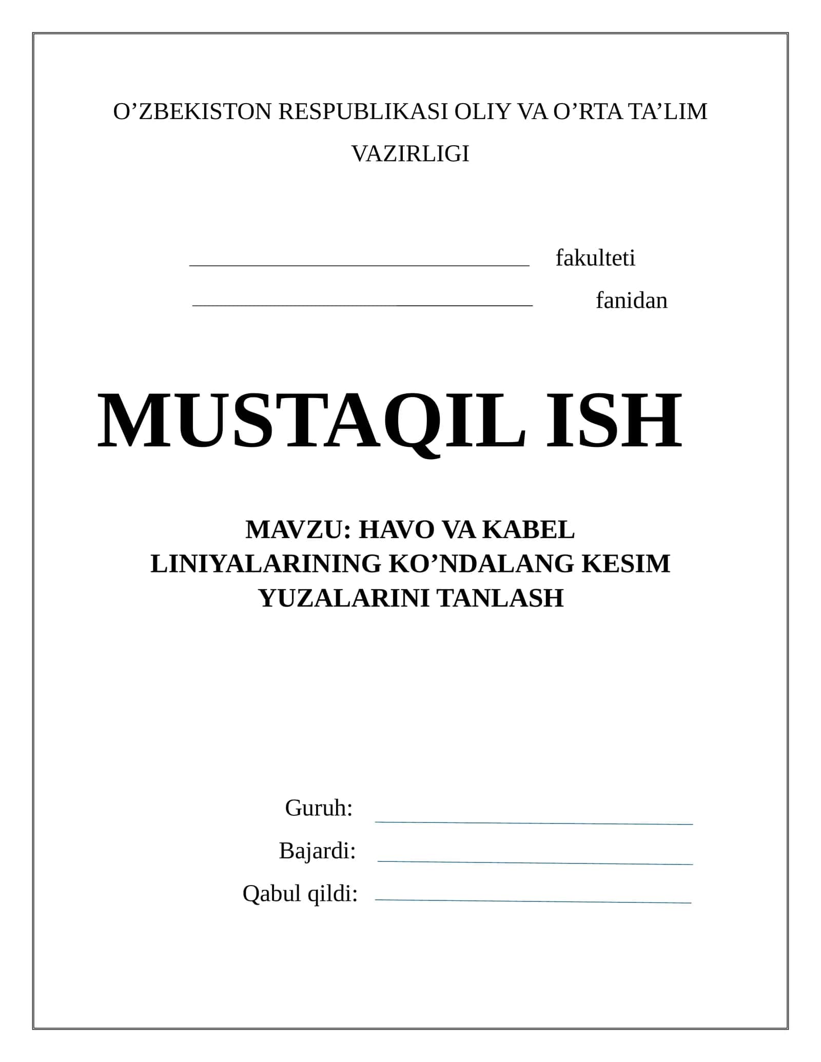 Havo va Kabel Liniyalarining ko'ndalang kesim yuzasini tanlash 1
