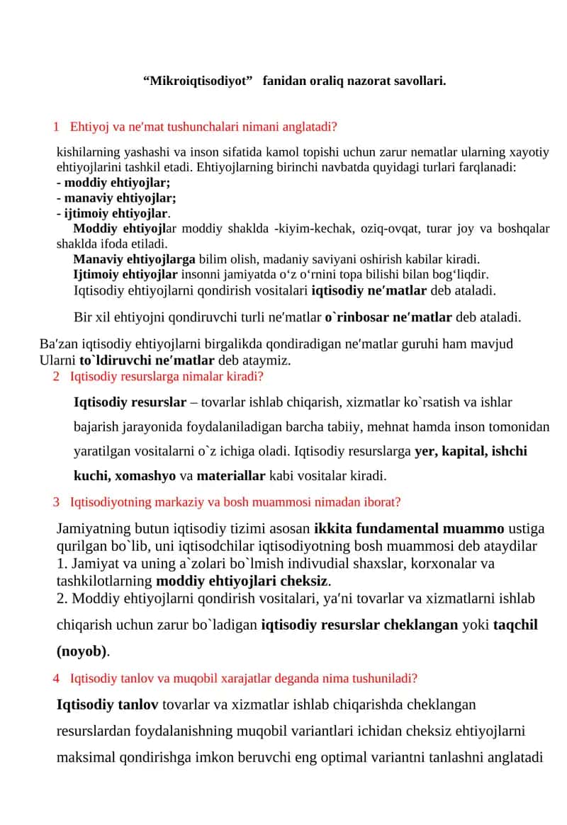 Mikroiqtisodiyot fanidan oraliq nazorat savollari 1