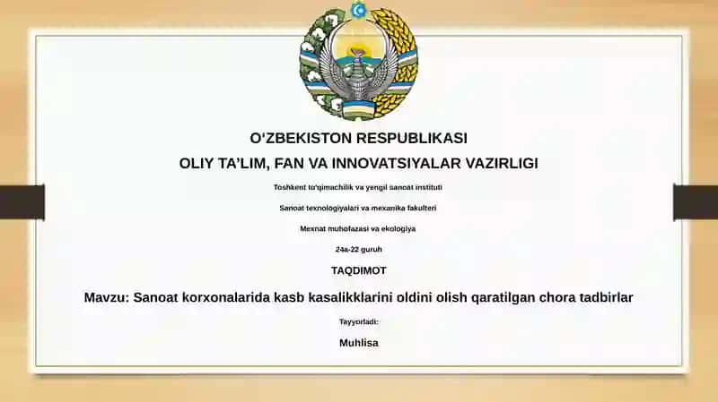 Sanoat korxonalarida kasb kasalikklarini oldini olish qaratilgan chora tadbirlar