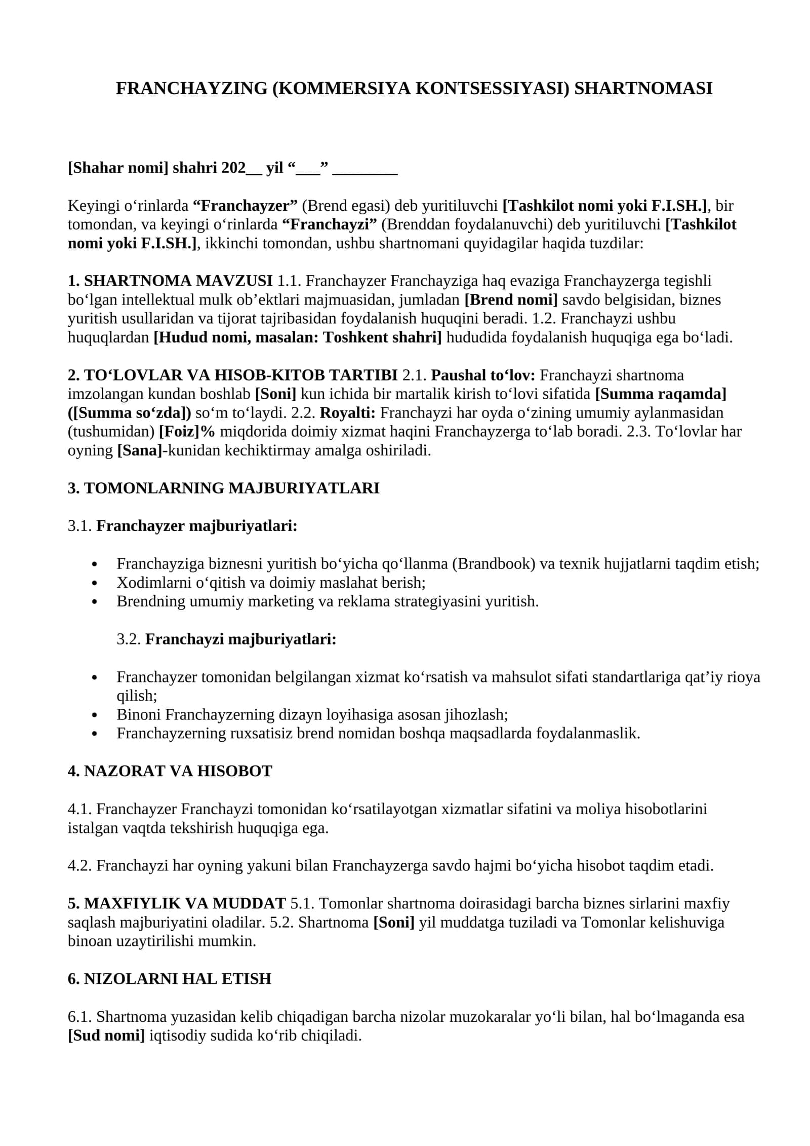 FRANCHAYZING (KOMMERSIYA KONTSESSIYASI) SHARTNOMASI NAMUNA 2026 1