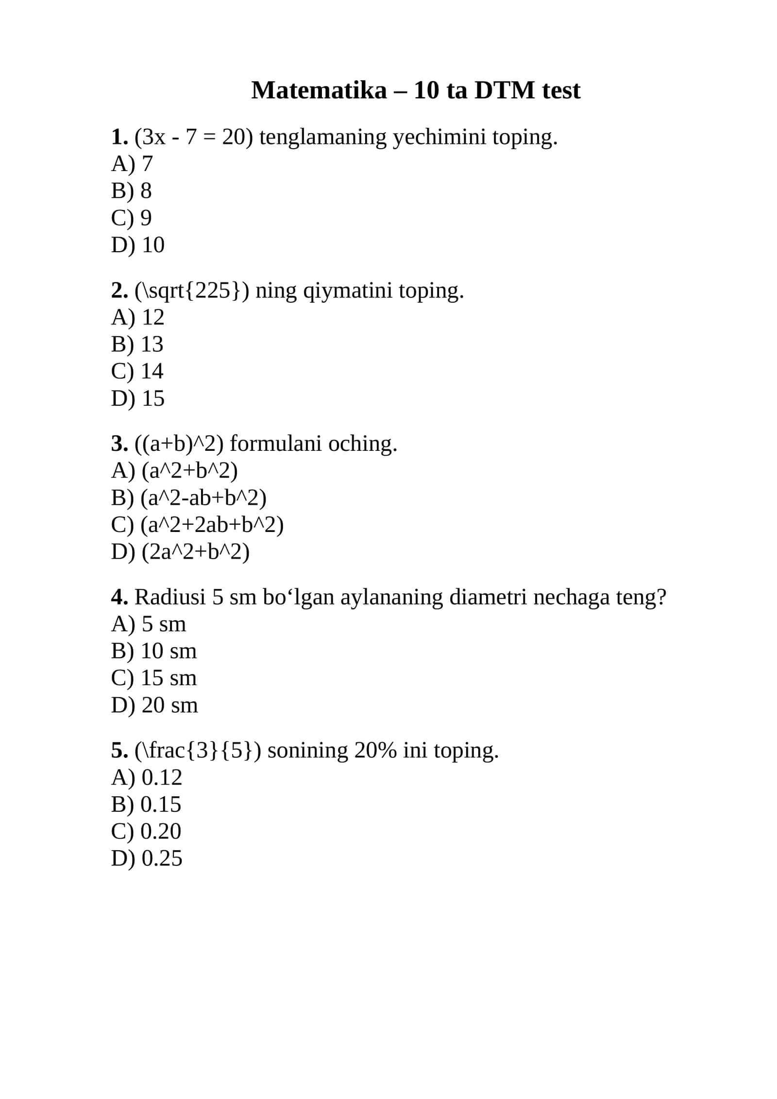 Matematika – 10 ta DTM test 1