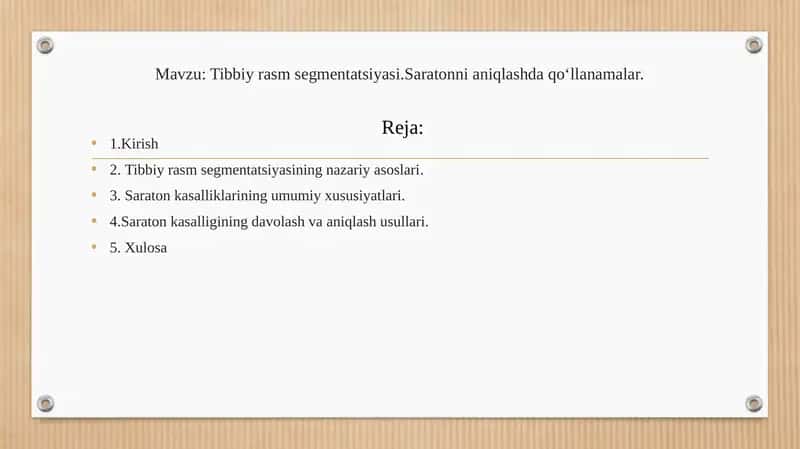 Tibbiy rasm segmentatsiyasi va saratonni aylantirishqa o‘lchamlar 1