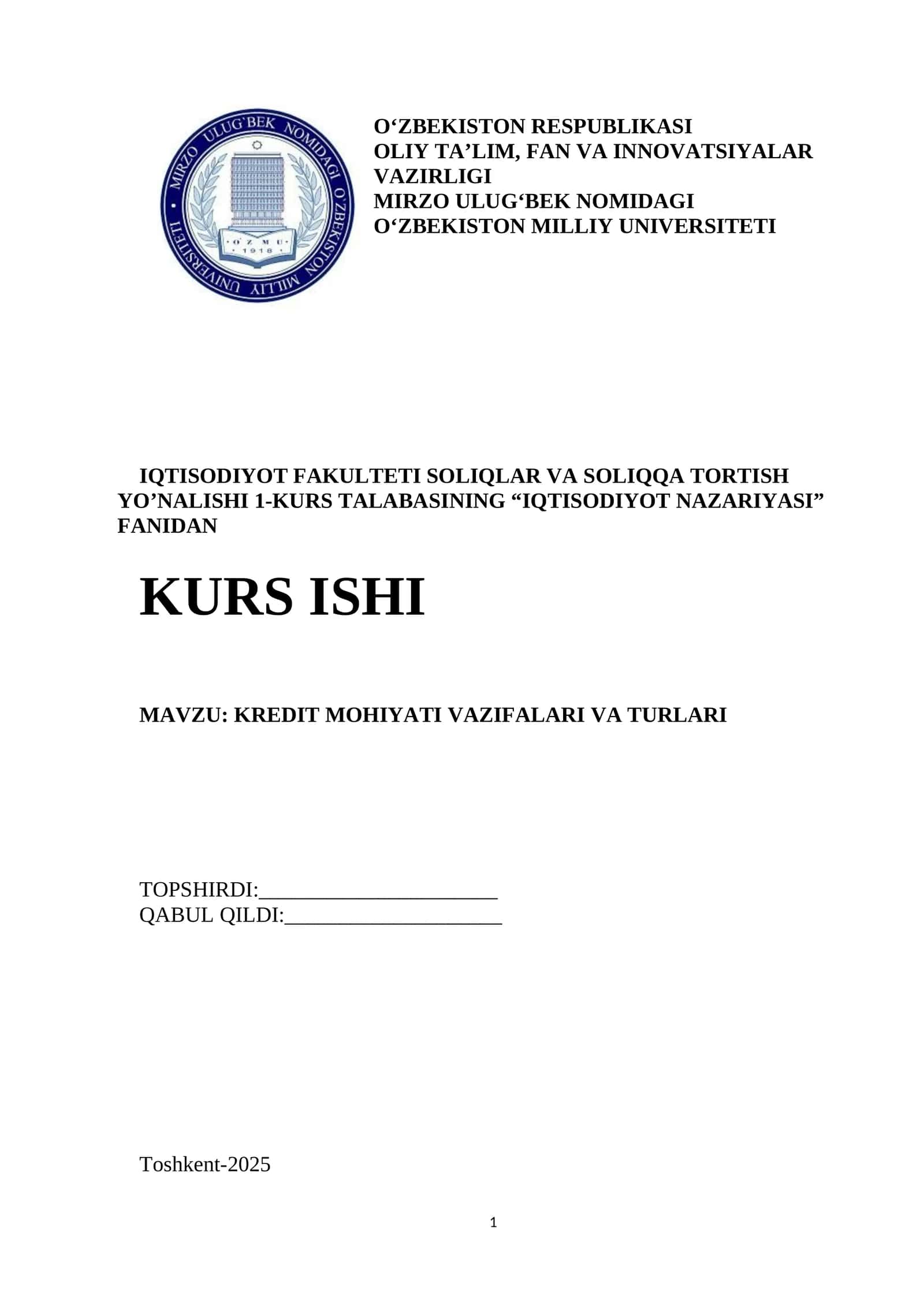 KREDIT MOHIYATI VAZIFALARI VA TURLARI 1
