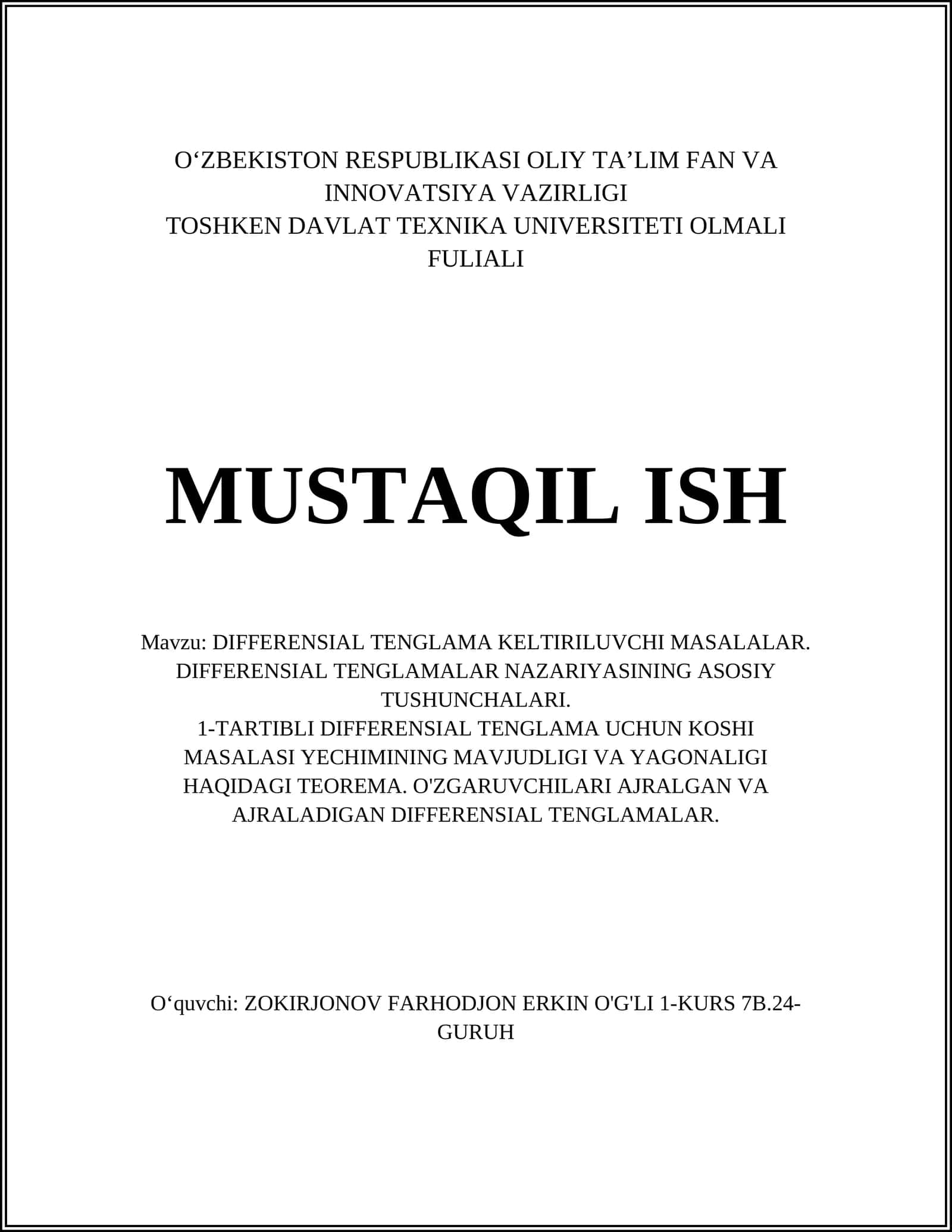 DIFFERENSIAL TENGLAMA KELTIRILUVCHI MASALALAR 1