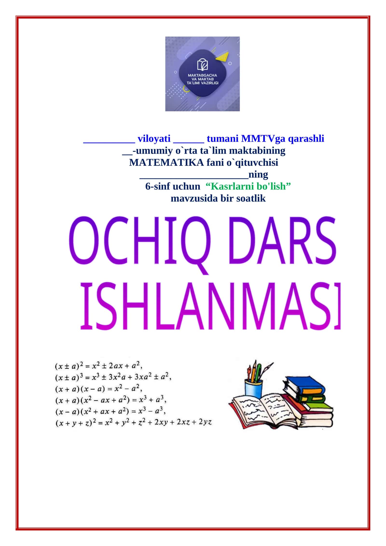 6-sinf Matematika Kasrlarni bo'lish 1