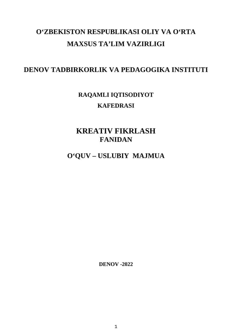 KREATIV FIKRLASH FANIDAN O‘QUV – USLUBIY MAJMUA 1