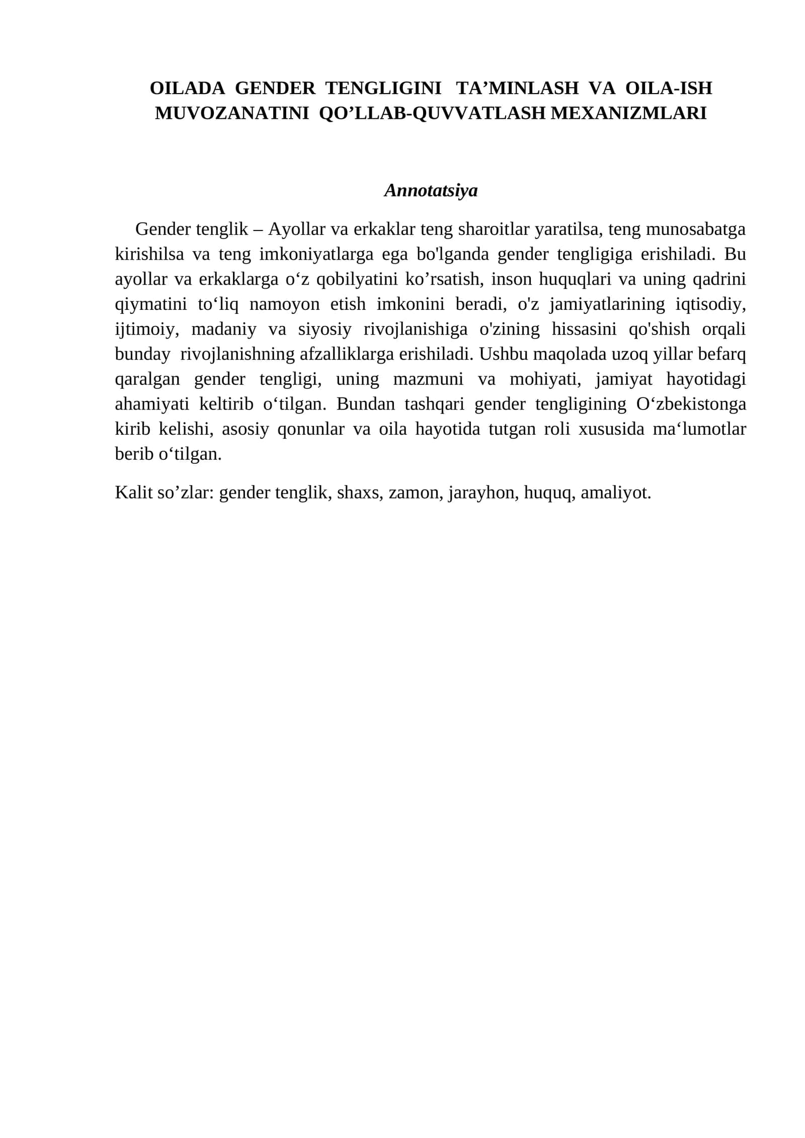 OILADA GENDER TENGLIGINI TA’MINLASH VA OILA-ISH MUVOZANATINI QO’LLAB-QUVVATLASH MEXANIZMLARI 1