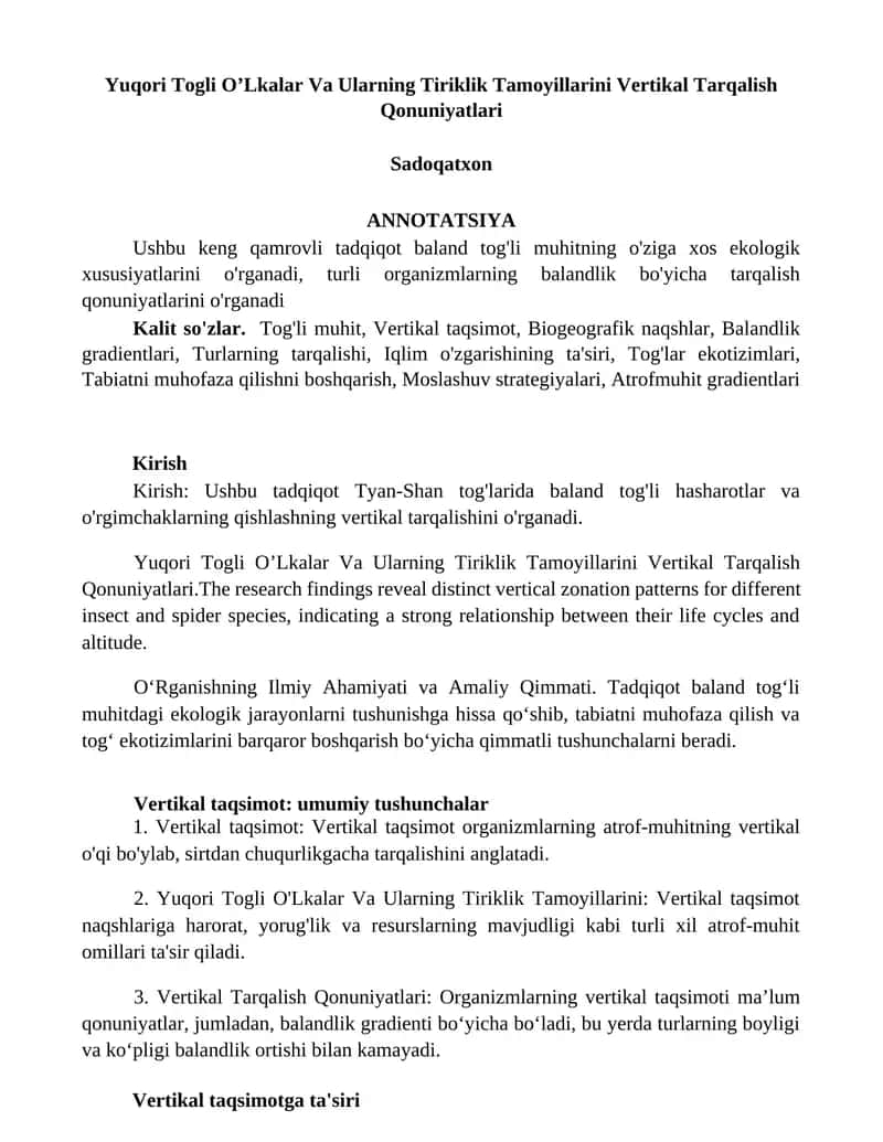Yuqori Togli O’Lkalar Va Ularning Tiriklik Tamoyillarini Vertikal Tarqalish Qonuniyatlari 1