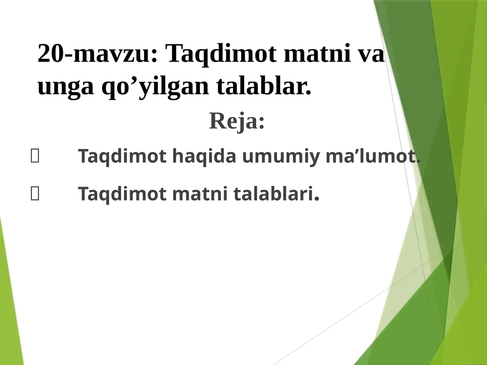 Taqdimot matni va unga qo’yilgan talablar 1