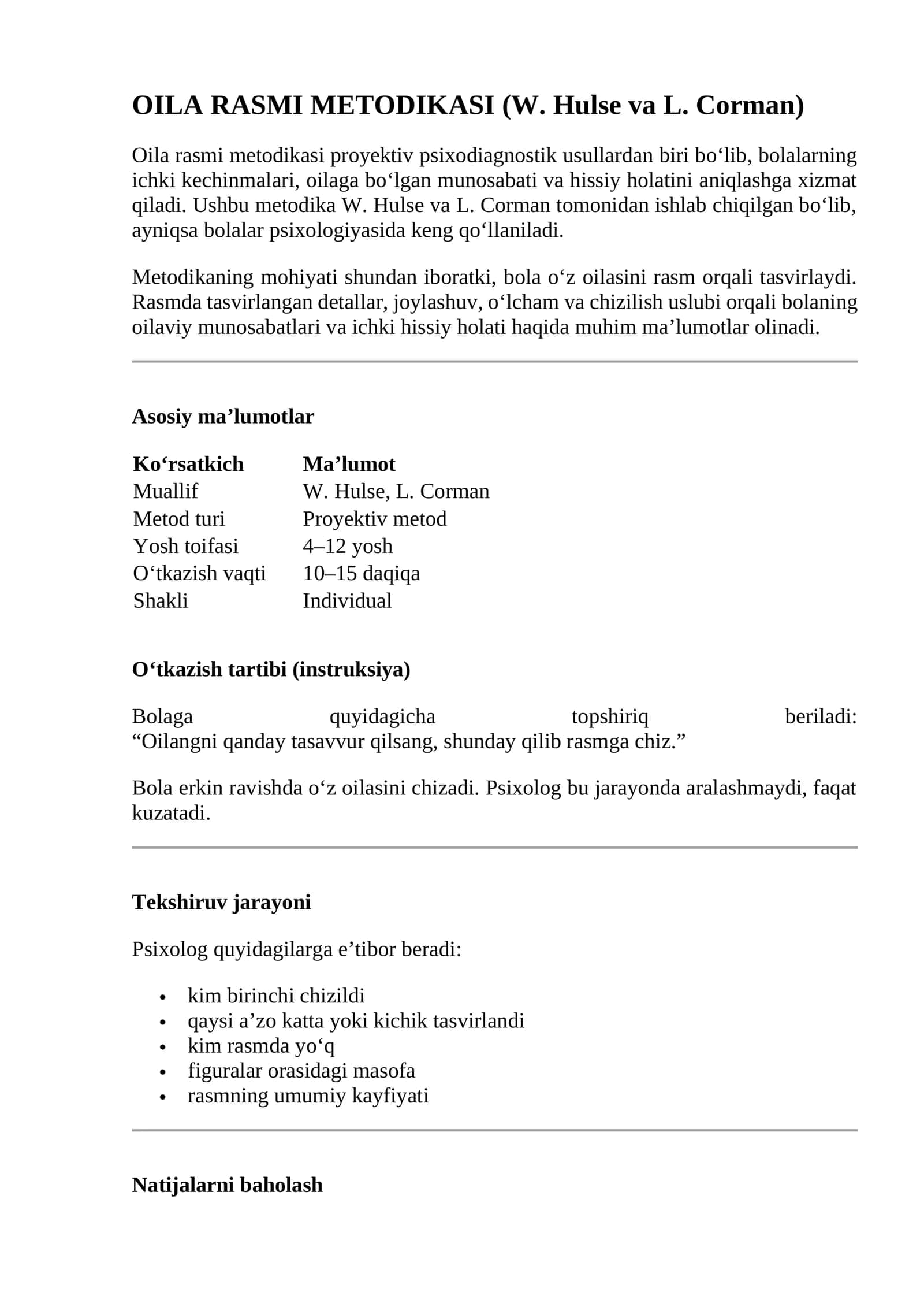 OILA RASMI METODIKASI (W. Hulse va L. Corman) 1