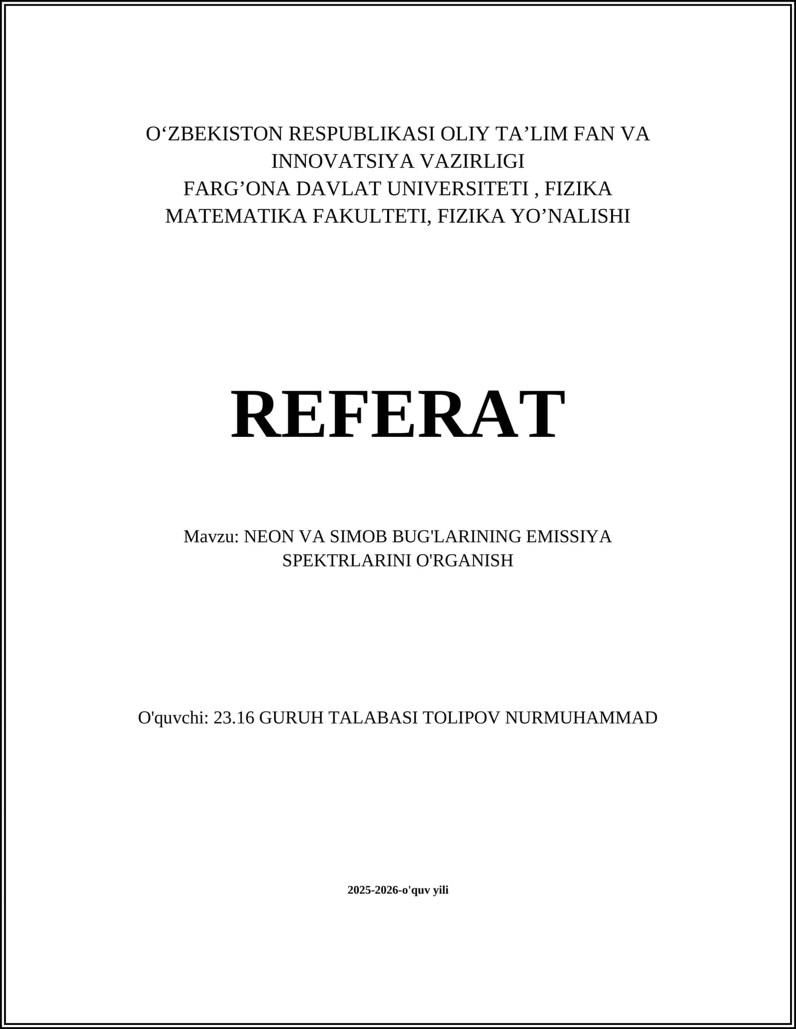 NEON VA SIMOB BUG'LARINING EMISSIYA SPEKTRLARINI O'RGANISH 1