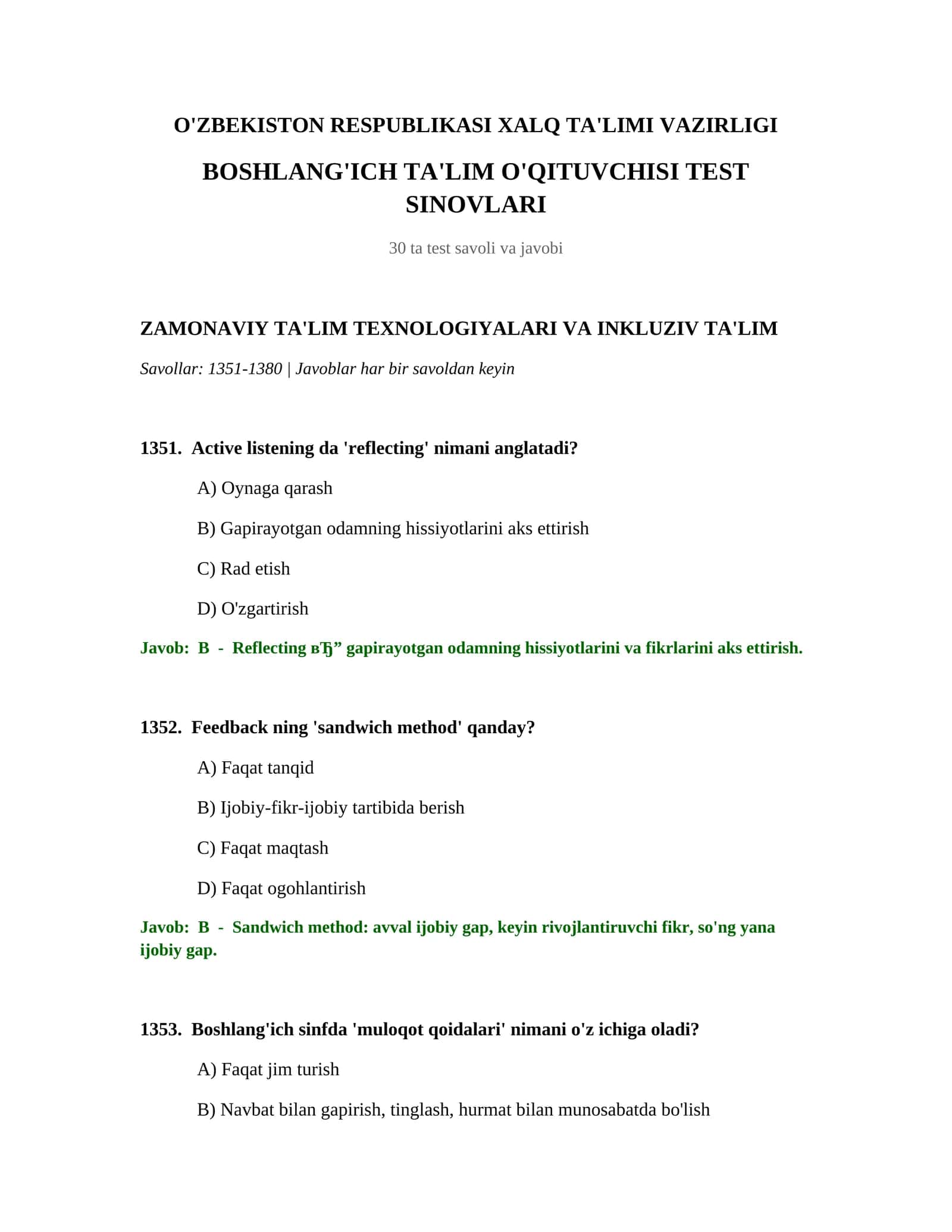 BOSHLANG'ICH TA'LIM O'QITUVCHISI TEST SINOVLARI 1