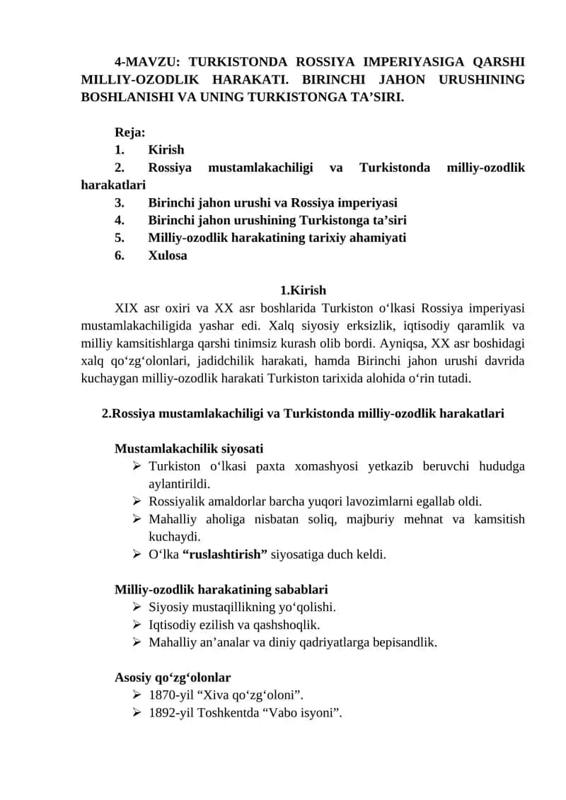 TURKISTONDA ROSSIYA IMPERIYASIGA QARSHI MILLIY-OZODLIK HARAKATI 1