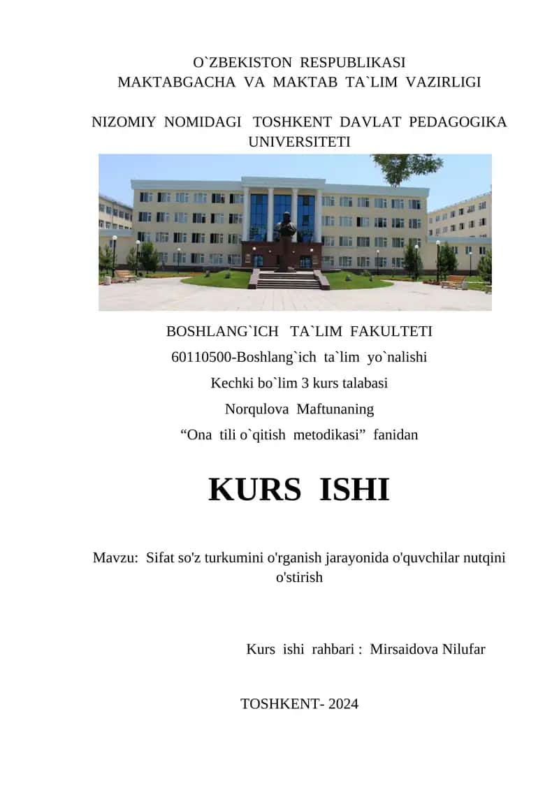 KURS ISHI: Sifat so'z turkumini o'rganish jarayonida o'quvchilar nutqini o'stirish 1
