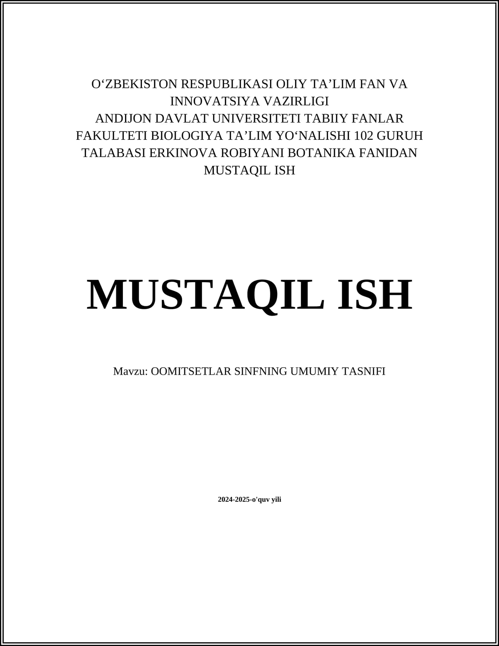 OOMITSETLAR SINFNING UMUMIY TASNIFI 1