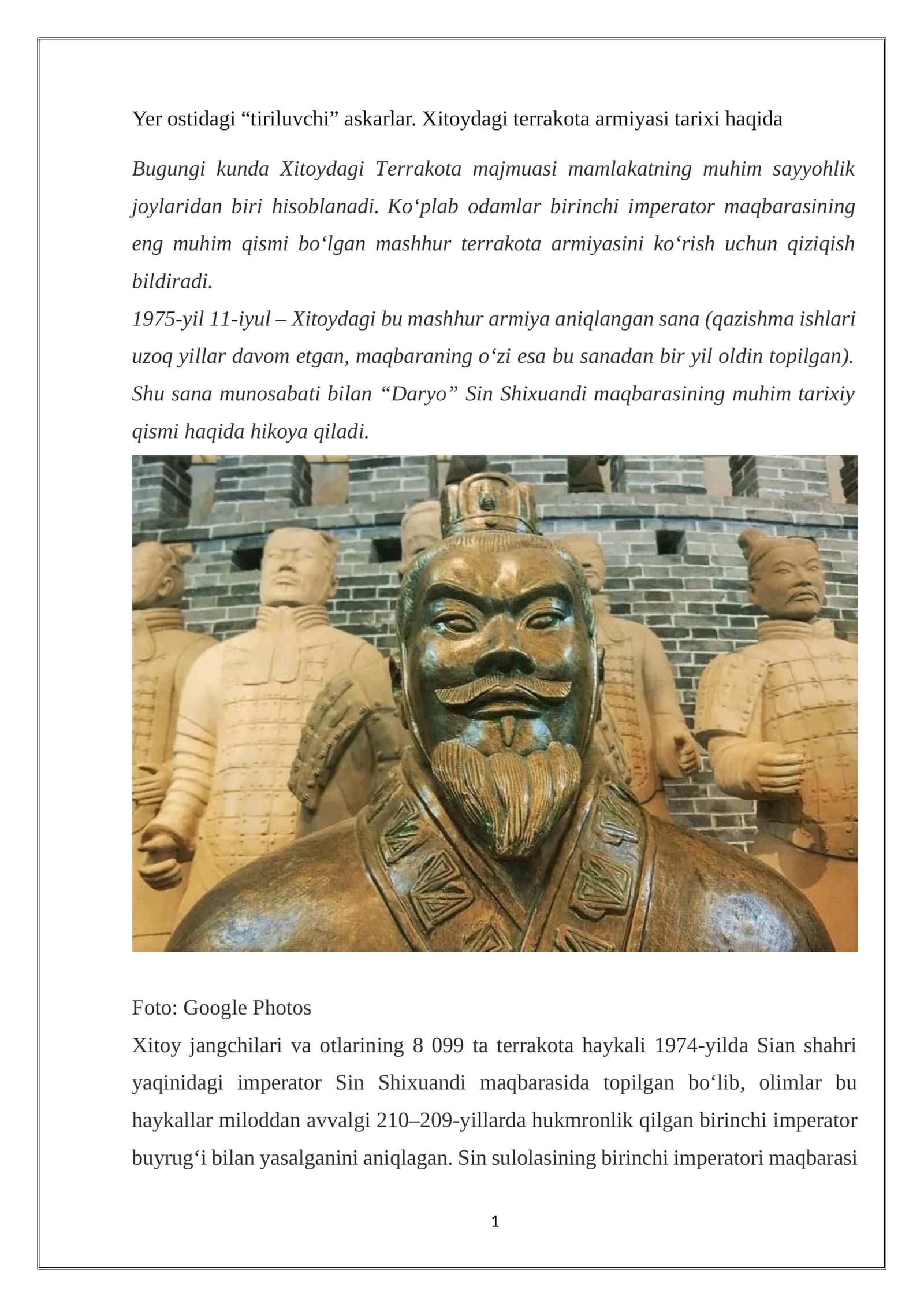 Yer ostidagi “tiriluvchi” askarlar. Xitoydagi terrakota armiyasi tarixi haqida 1