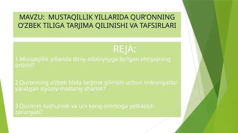 MUSTAQILLIKYILLARIDA QUR’ONNING O’ZBEK TILIGA TARJIMA QILINISHI VA TAFSIRLARI 1