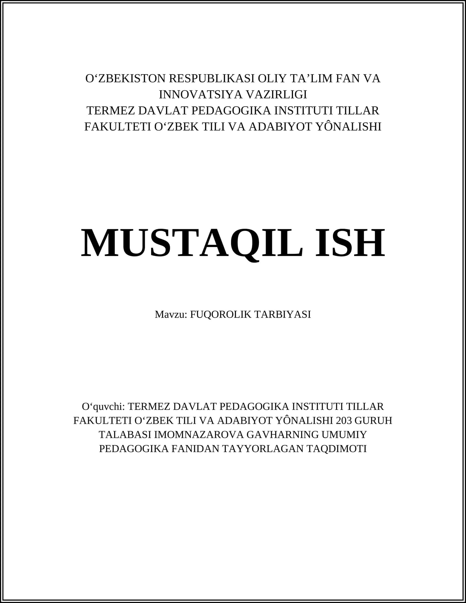 FUQOROLIK TARBIYASI 1