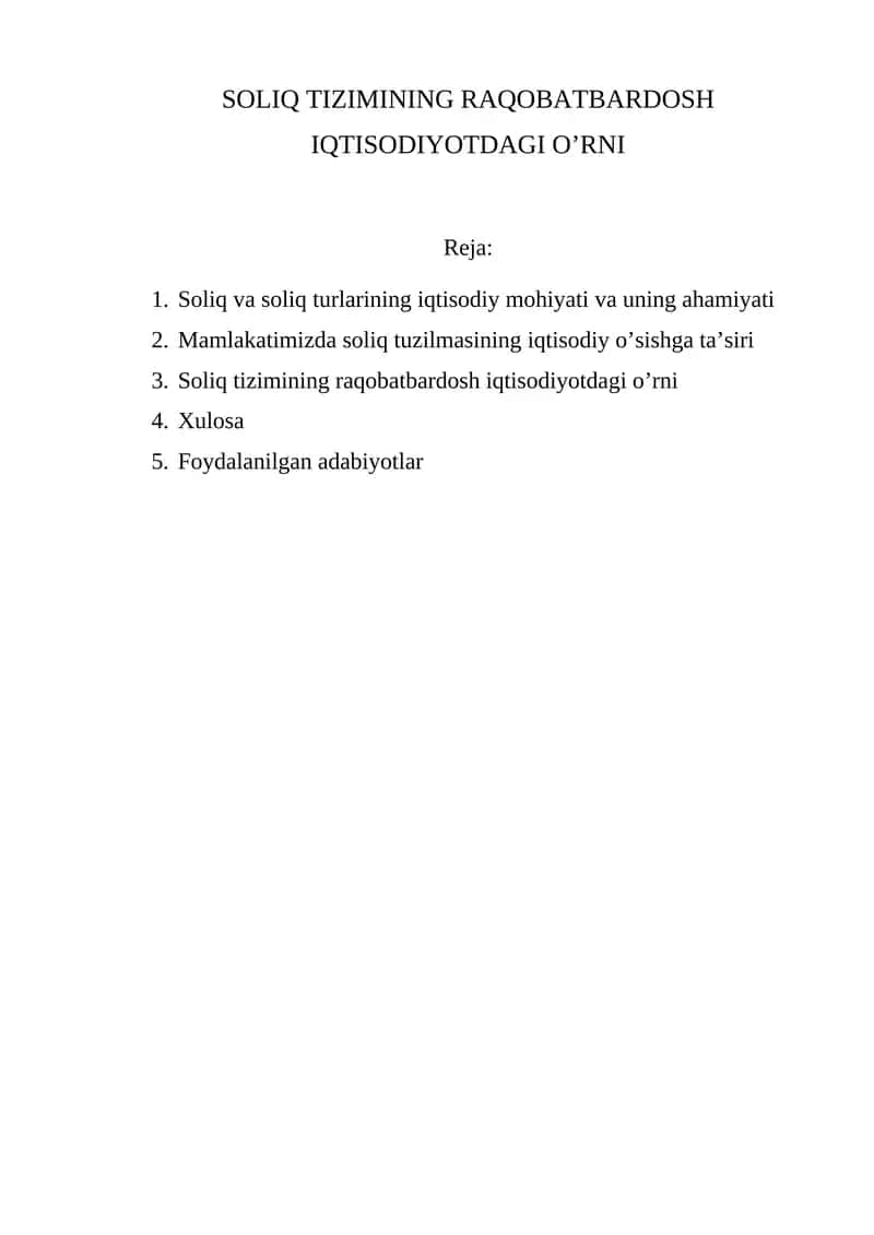 SOLIQ TIZIMINING RAQOBATBARDOSH IQTISODIYOTDAGI O’RNI 1