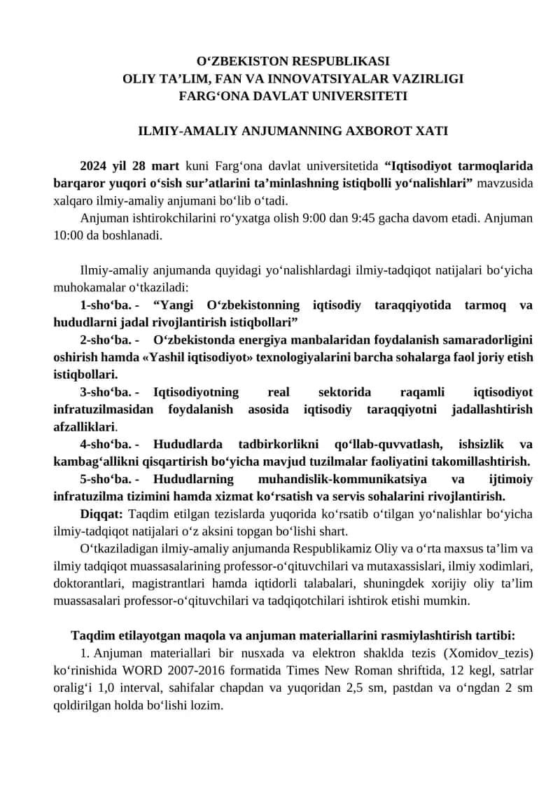 Iqtisodiyot tarmoqlarida barqaror yuqori o‘sish sur’atlarini ta’minlashning istiqbolli yo‘nalishlari 1