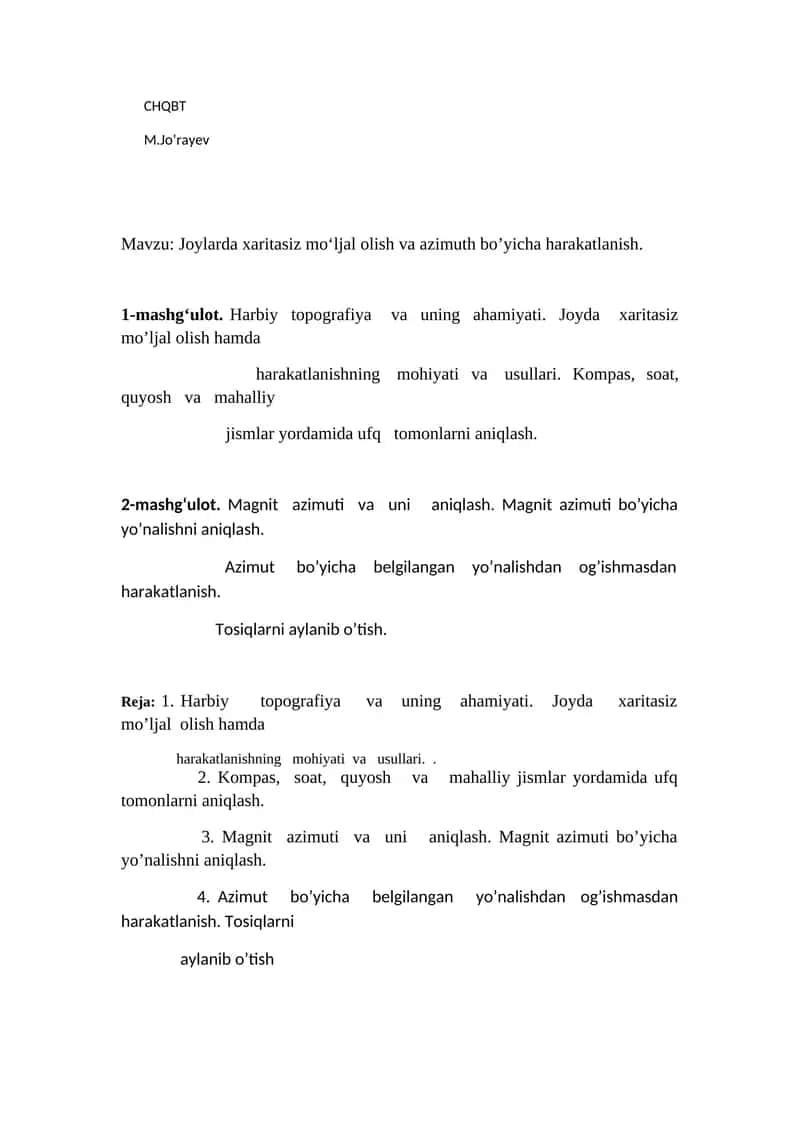 Joylarda xaritasiz mo‘ljal olish va azimuth bo’yicha harakatlanish 1