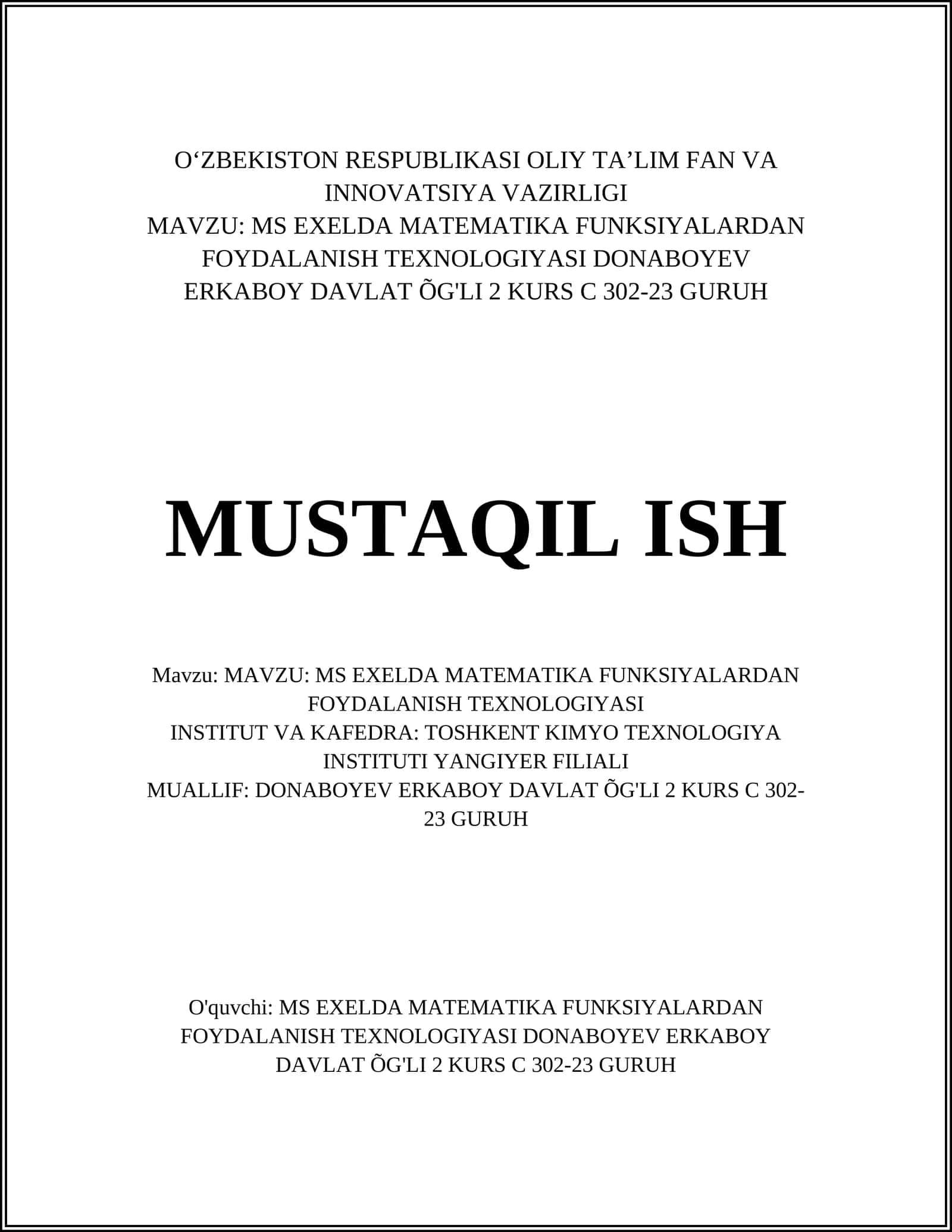 MS EXELDA MATEMATIKA FUNKSIYALARDAN FOYDALANISH TEXNOLOGIYASI 1