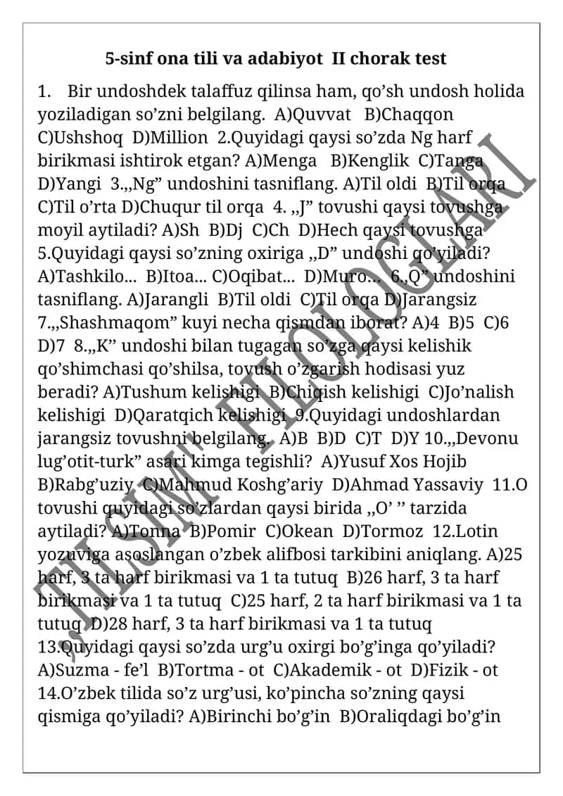 5) sinf ona tili va adabiyot II chorak test 1